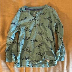 Simple Green and Blue Long Sleeve Tee with Playful Dinosaur Design